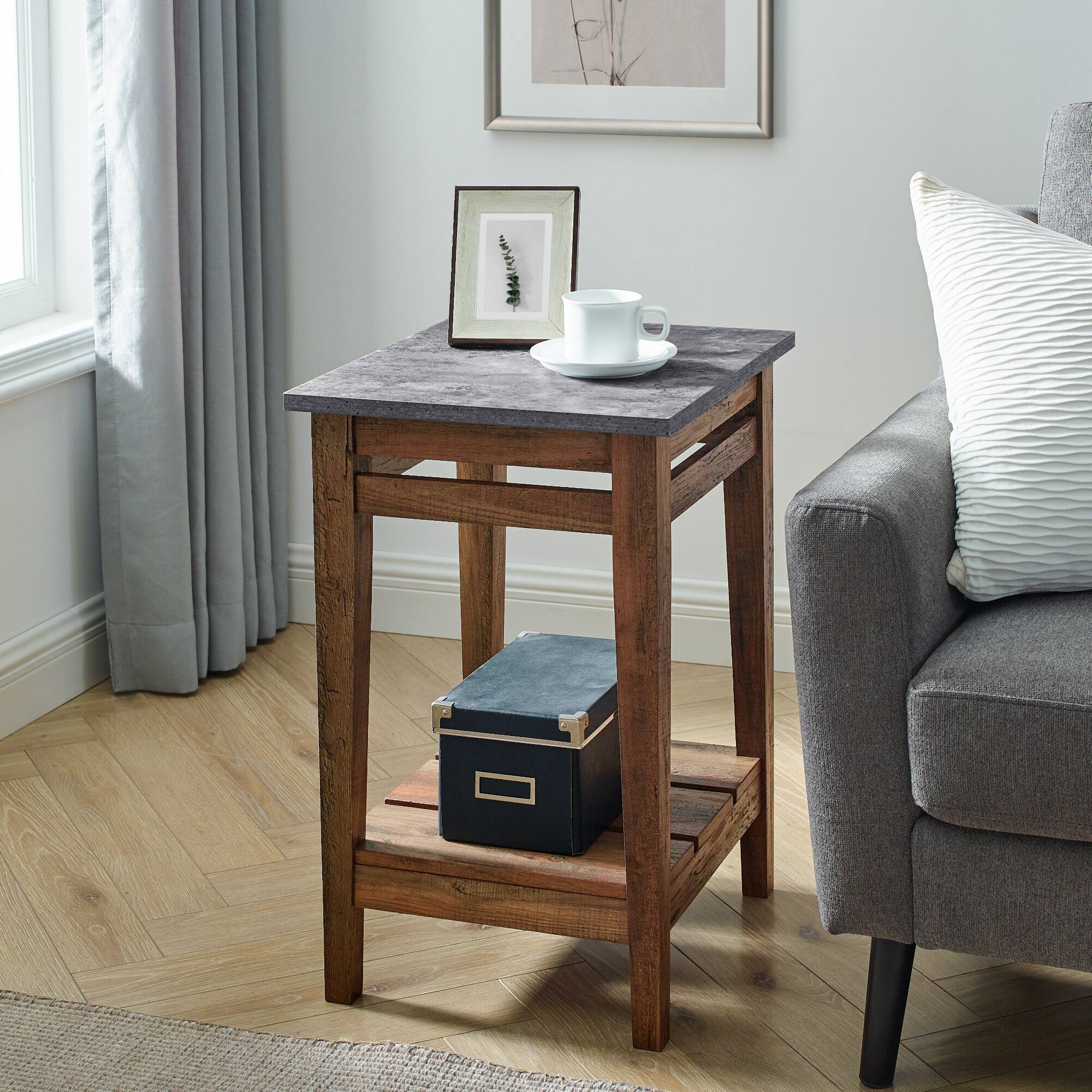 Walker Edison 18" Dark Concrete & Reclaimed Barnwood Farmhouse Trim Side Table